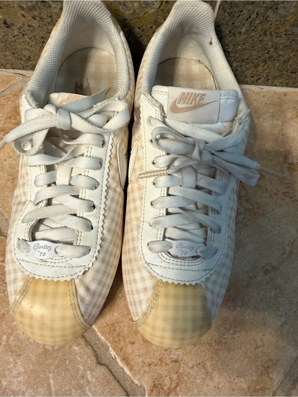 Nike Women’s Gingham Cortez Sneakers in Cream and White